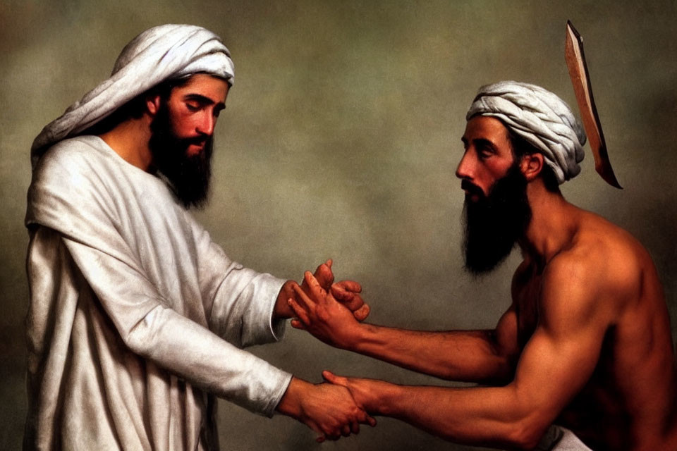Men in traditional Middle Eastern attire shaking hands with hidden dagger