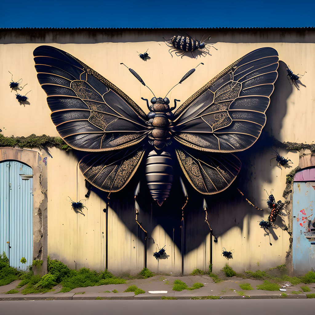 Urban building wall mural featuring black and gold butterfly and insects.