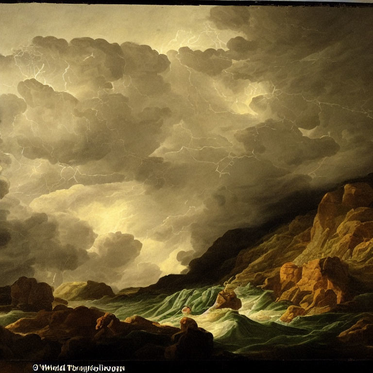 Stormy Seascape: Dark Skies, Lightning, & Crashing Waves