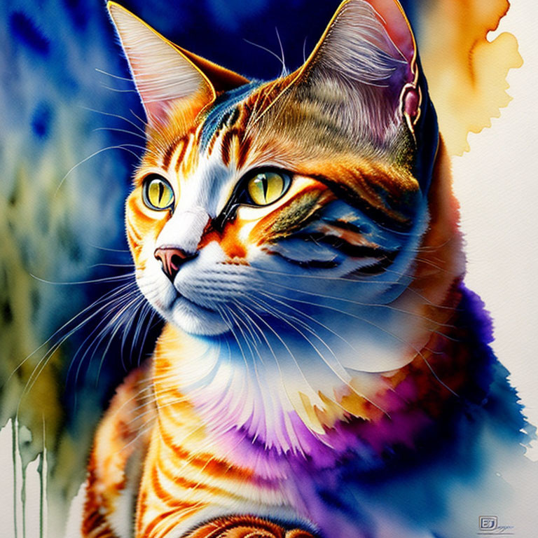 Colorful Cat Artwork with Yellow Eyes & Patterned Fur