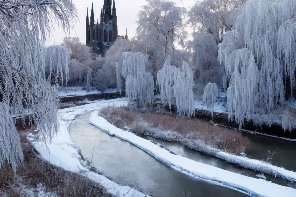 Frozen river winding through snowy landscape with frosted trees and cathedral in soft morning light