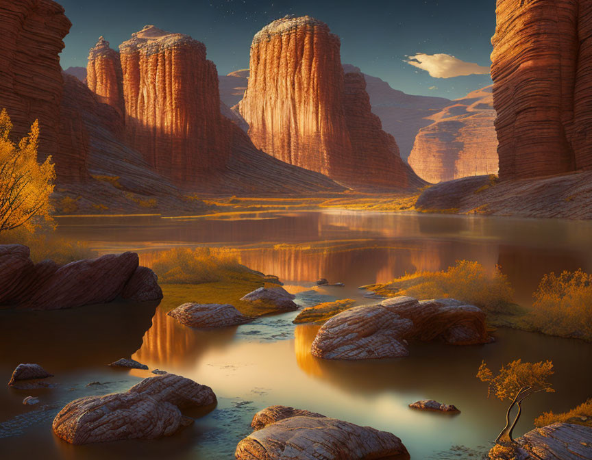 Scenic river in canyon with red cliffs at dusk