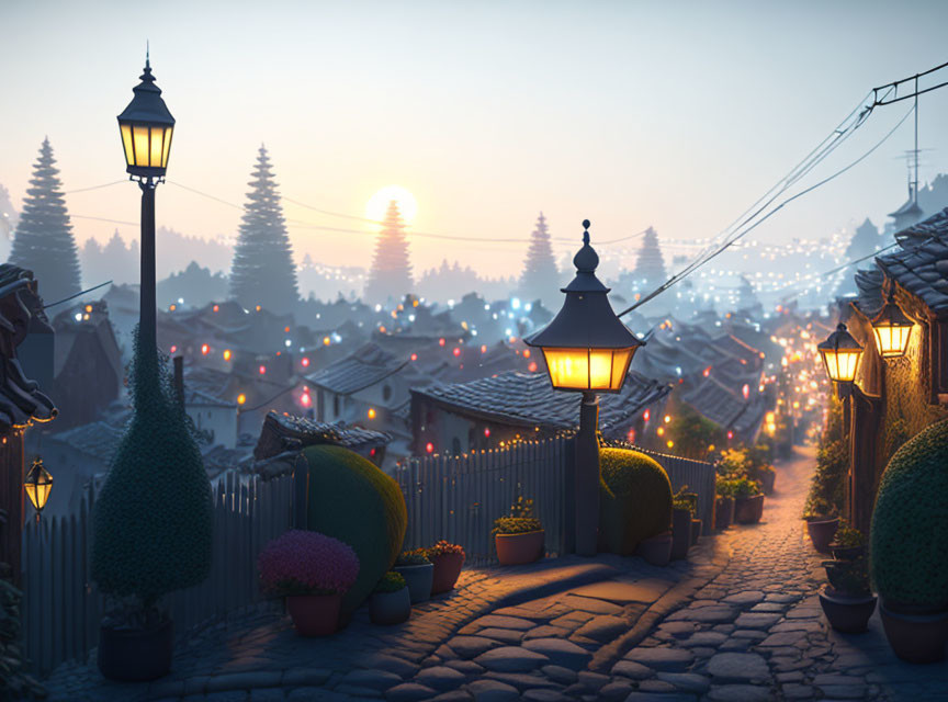 Cobblestone Street with Lit Lamps and Flower Pots in Twilight Village