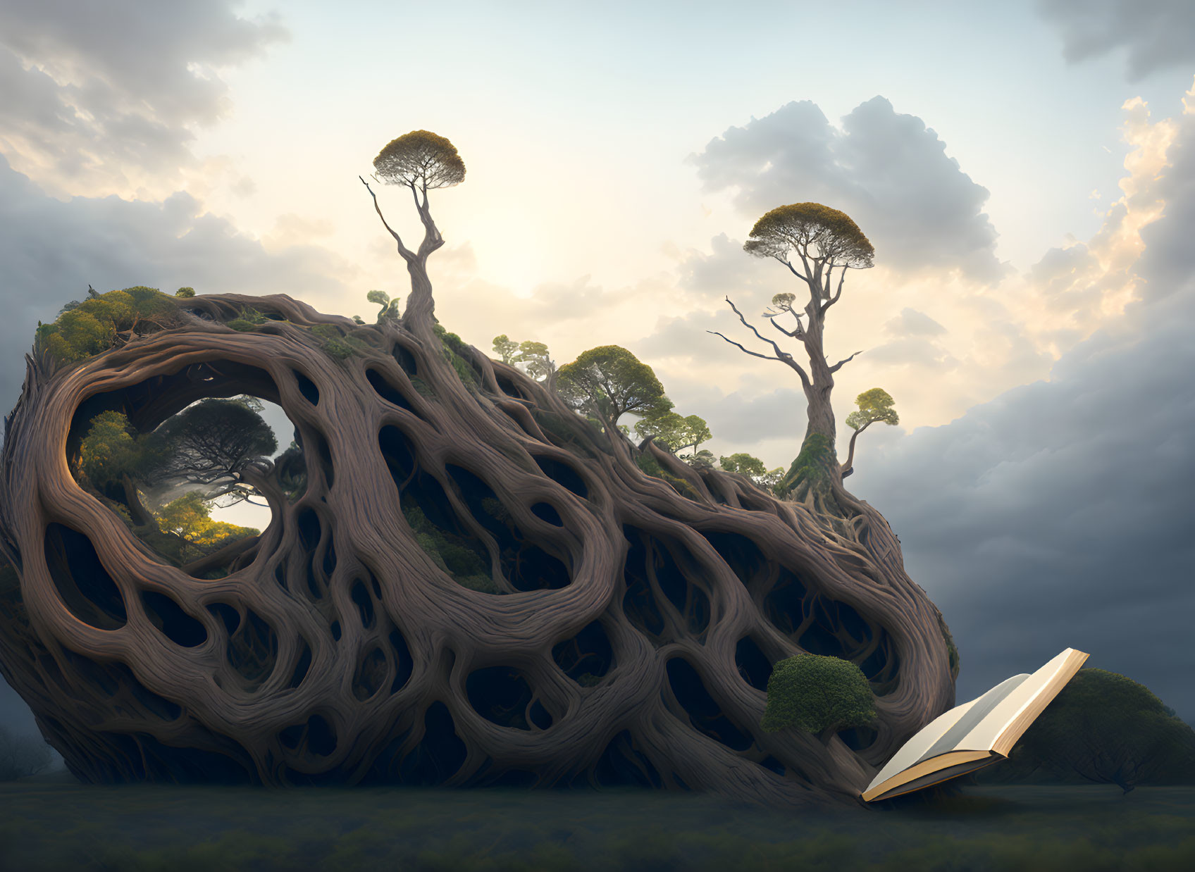 Intricate twisted tree with hollows supporting smaller trees under dramatic sky and open book foreground.