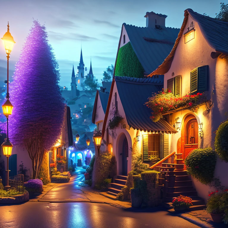 Charming Cobblestone Street with Glowing Houses and Trees at Twilight