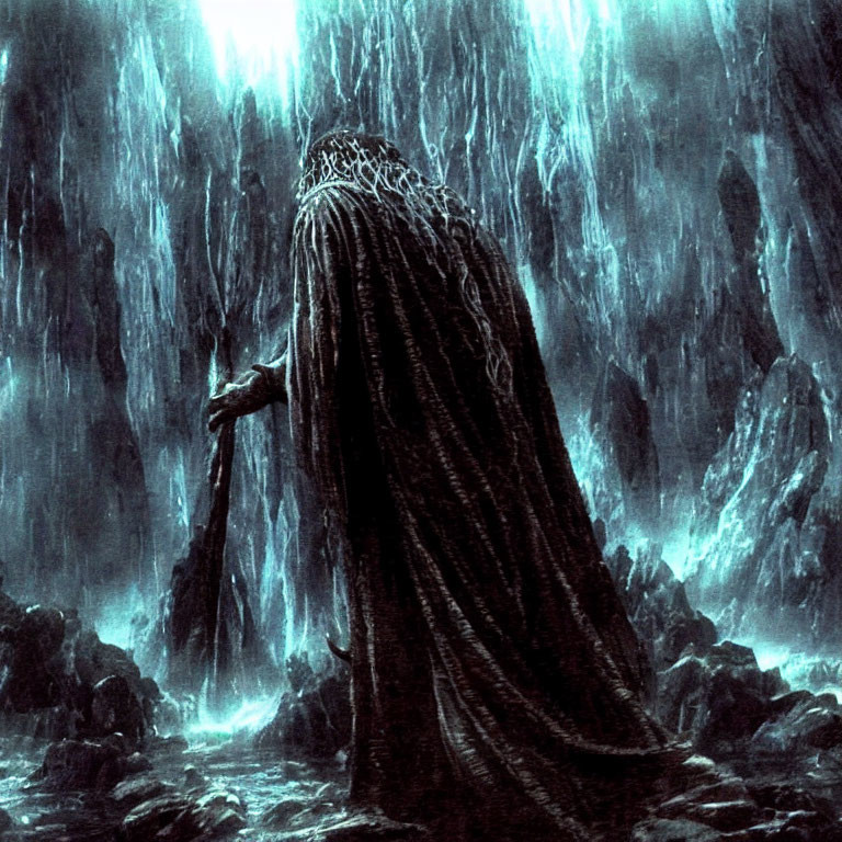 Mysterious robed figure with crown in dark cave with cascading water