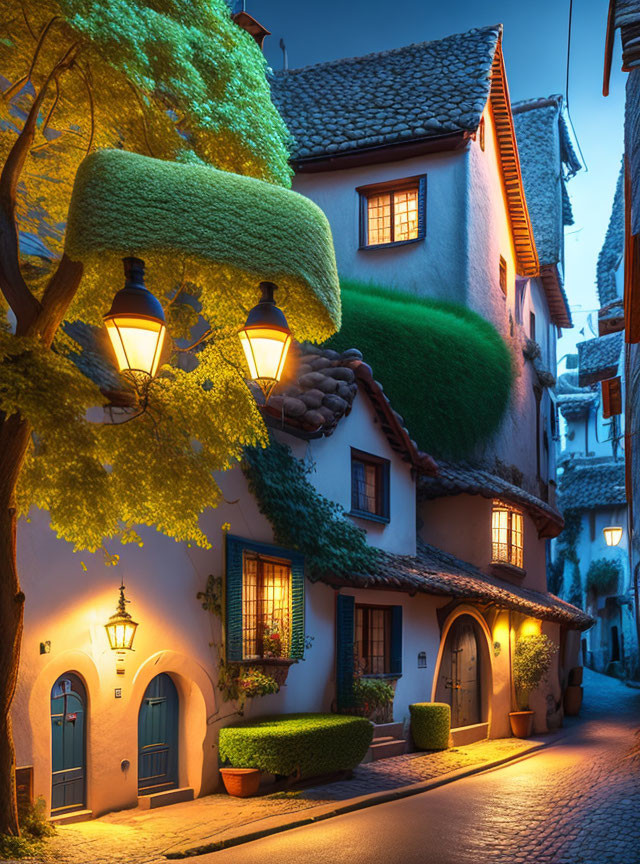 Traditional European-style buildings in cobblestone alley at twilight