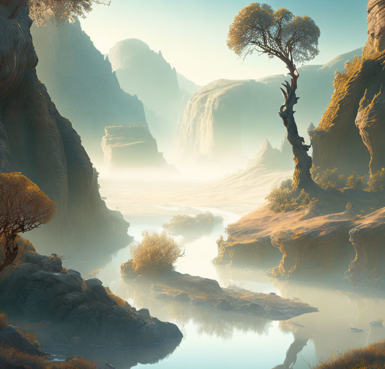 Tranquil river landscape with rugged cliffs and scattered trees