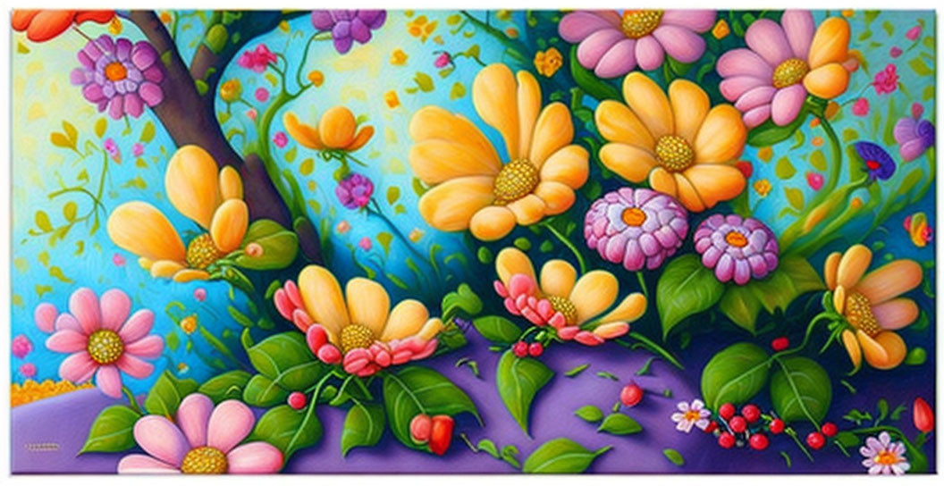 Colorful Flower and Tree Painting with Yellow, Pink, and Purple Hues on Blue Background