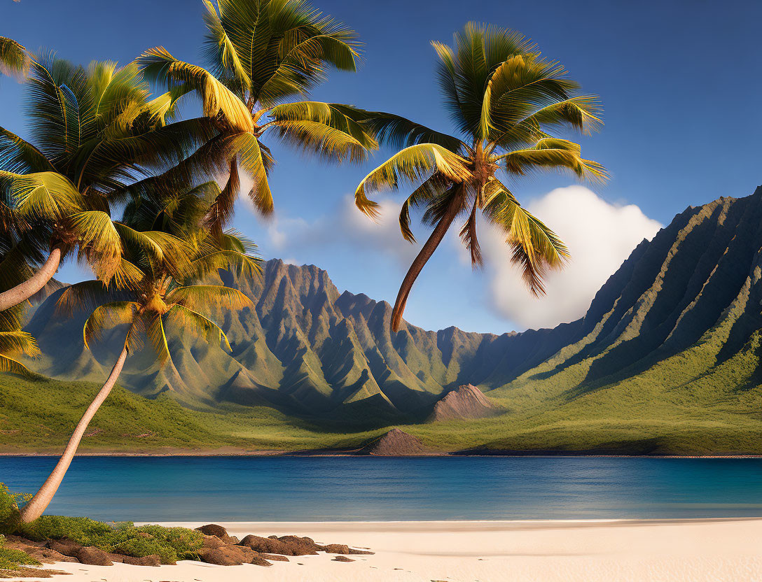 Tropical Beach Scene with Palm Trees, Blue Water, White Sands, and Mountains