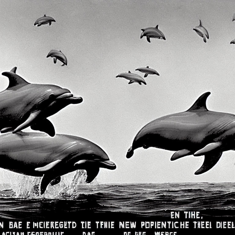 Pod of dolphins leaping above ocean surface with obscured text
