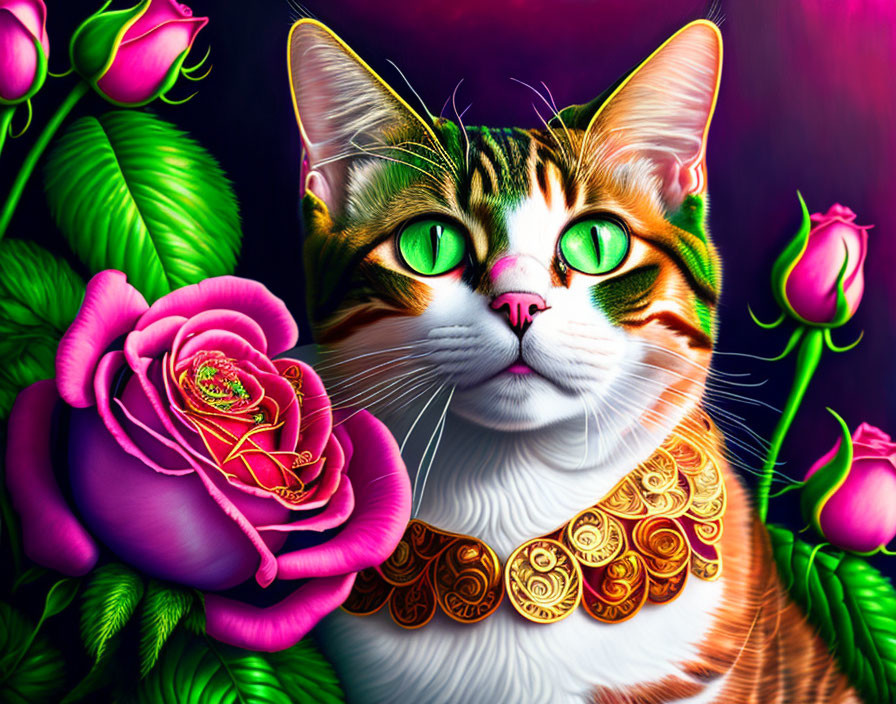 Colorful Cat Artwork with Green Eyes and Pink Roses
