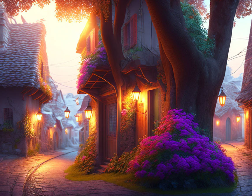 Twilight scene in cobblestone village with lanterns, tree, and purple flowers