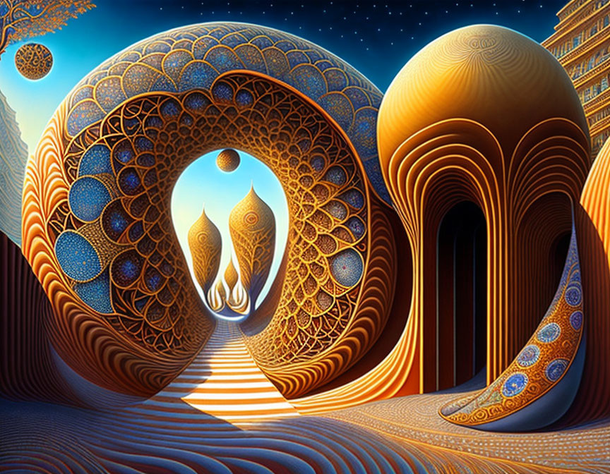 Surreal landscape with intricate patterns and architectural elements