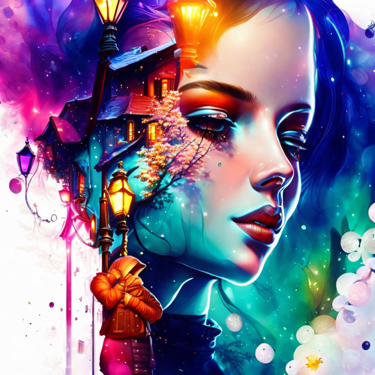 Vibrant digital artwork blending woman's profile with whimsical streetscape