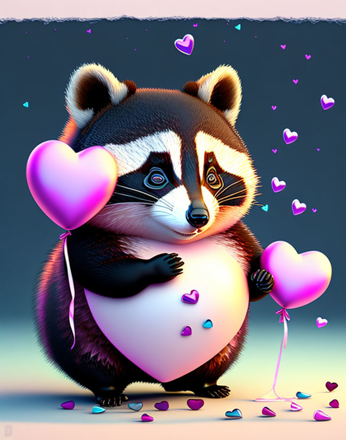 Illustrated raccoon with heart balloon and confetti on muted background
