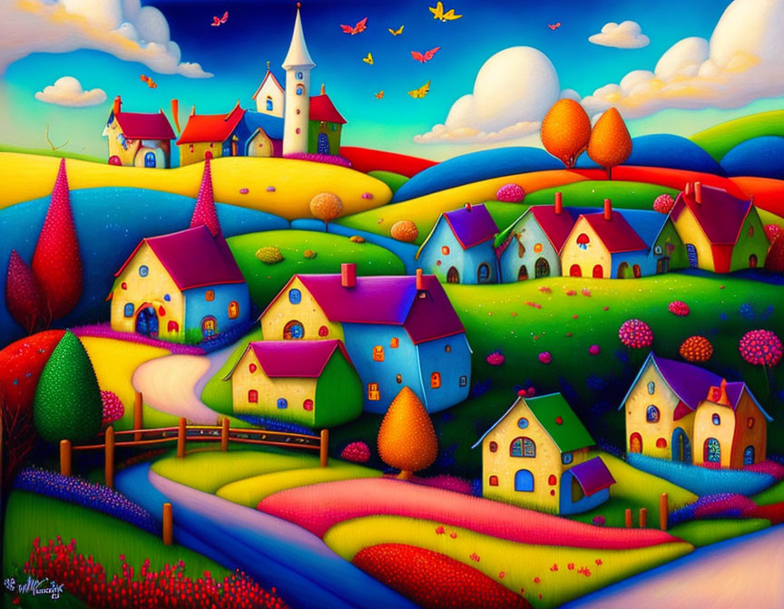 Vibrant landscape with rolling hills, colorful houses, church, and stylized trees