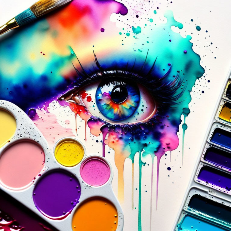 Colorful Watercolor Painting of Eye with Ink Splatters & Paintbrushes
