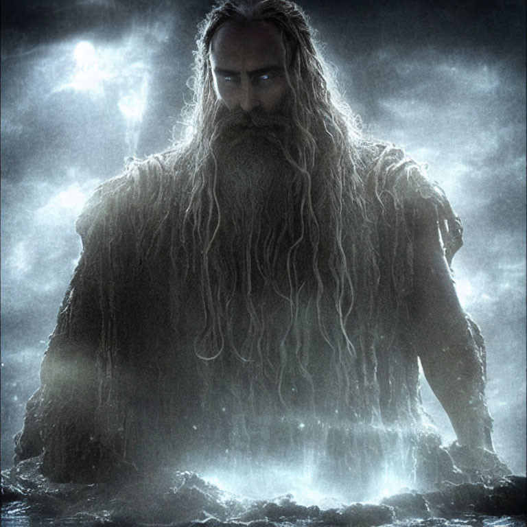Long-haired bearded man emerges from water under dramatic cloudy sky
