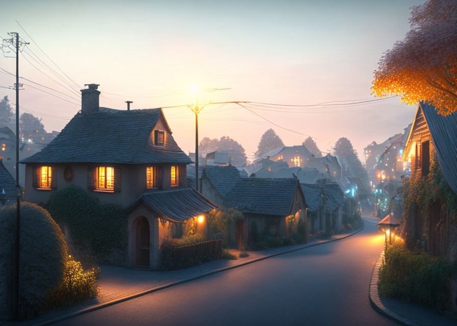 Tranquil street scene with traditional houses and glowing streetlights
