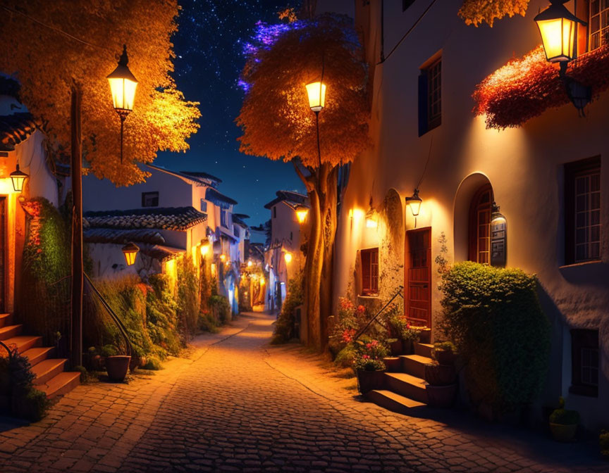 Tranquil cobblestone street with lanterns and flowers at night