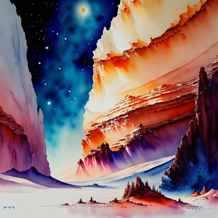 Colorful Watercolor Painting of Fantastical Landscape