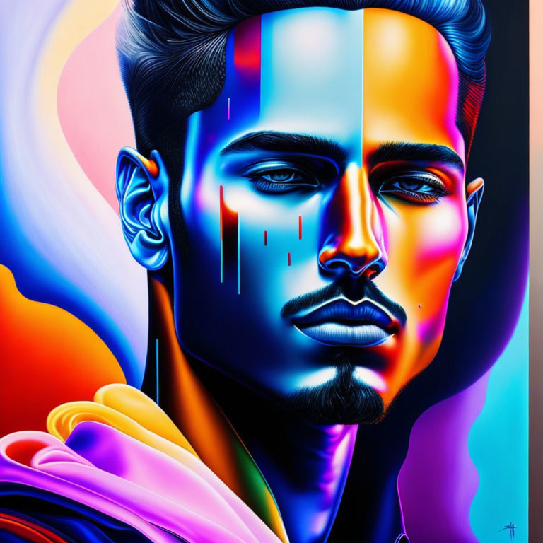 Colorful Split-Face Man Portrait with Neon Hues and Paint Drips