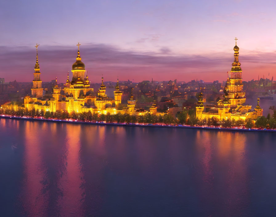 Cityscape of illuminated historic buildings and church domes by calm river
