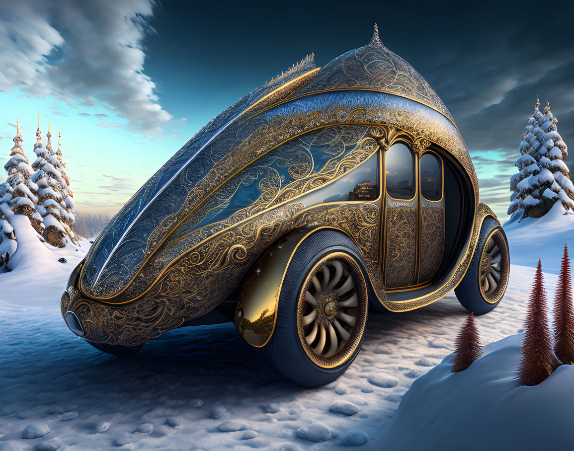 Golden Fantasy Vehicle Against Snowy Landscape with Pine Trees