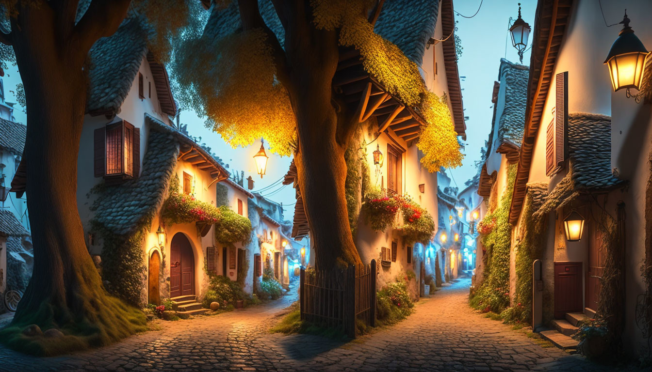 Traditional houses on cobblestone street with warm street lamps and colorful flowers at twilight
