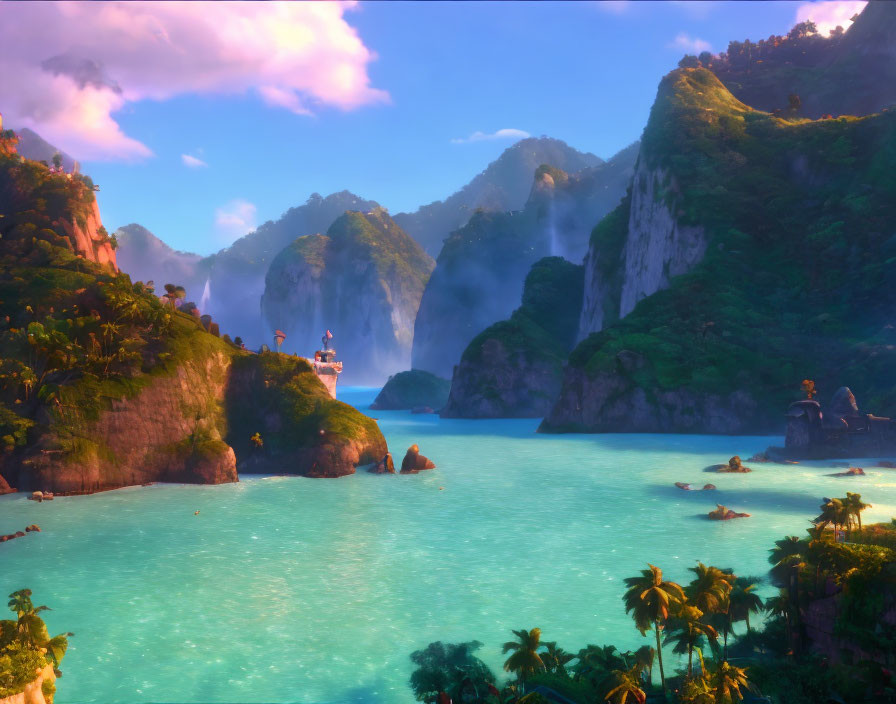 Vibrant tropical scene with blue waters, green islands, waterfalls, and explorers.