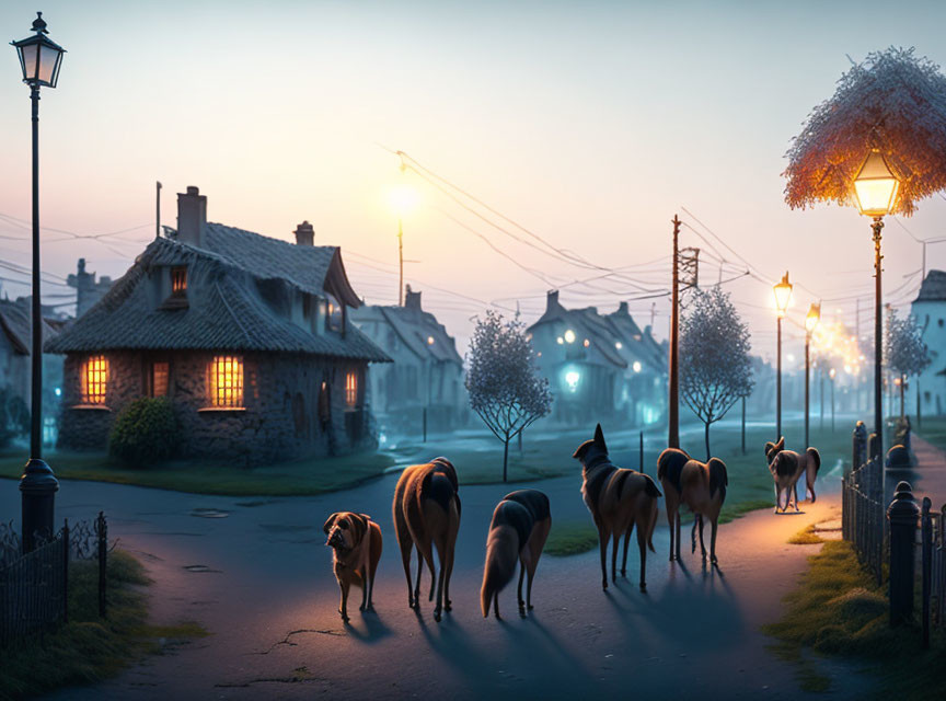 Stray dogs walking on tranquil street at sunrise