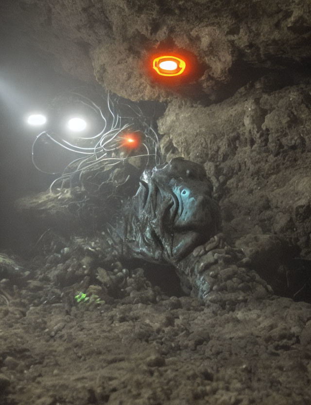 Underwater Octopus Creature in Rocky Overhang Illuminated by Lights