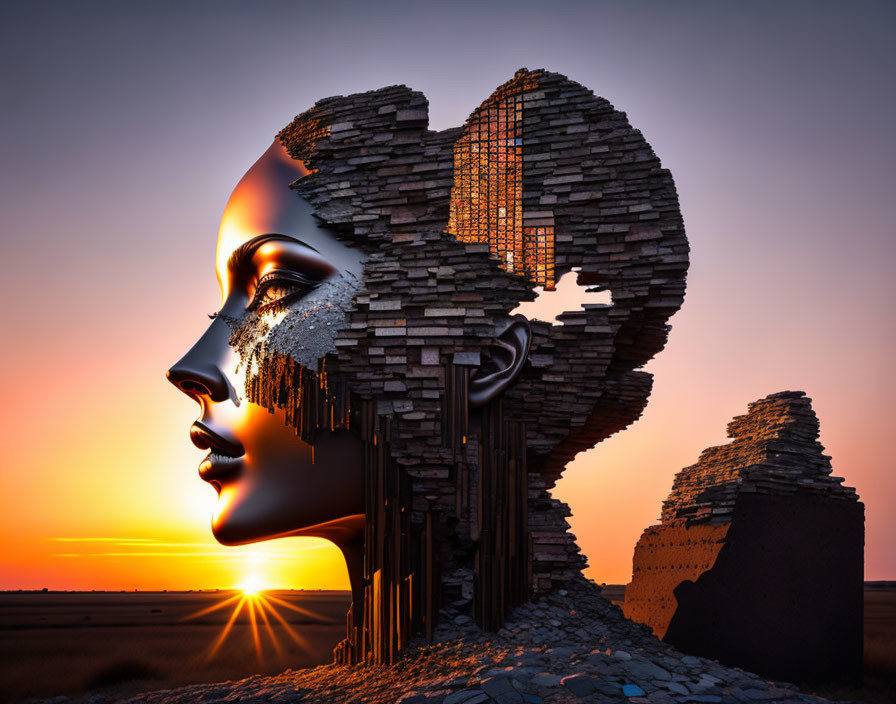 Digital artwork: Woman's profile merges with architectural ruins at sunset
