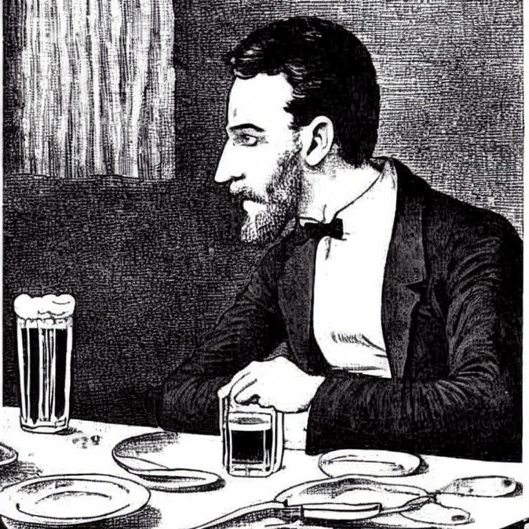 Bearded man in profile view at table with beer and empty plate