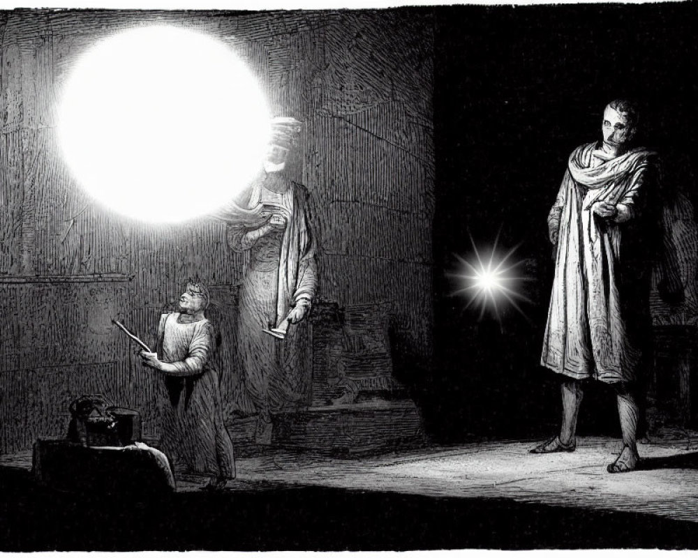 Monochrome illustration of robed figure with luminous orb in dark room