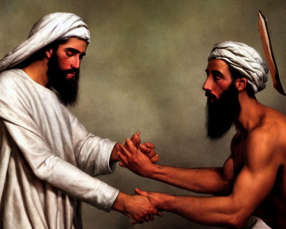 Men in traditional Middle Eastern attire shaking hands with hidden dagger