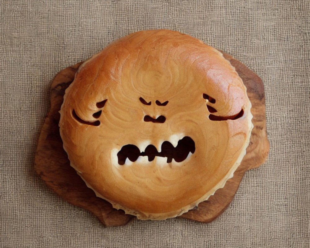 Angry face design pie on wooden board with beige cloth background