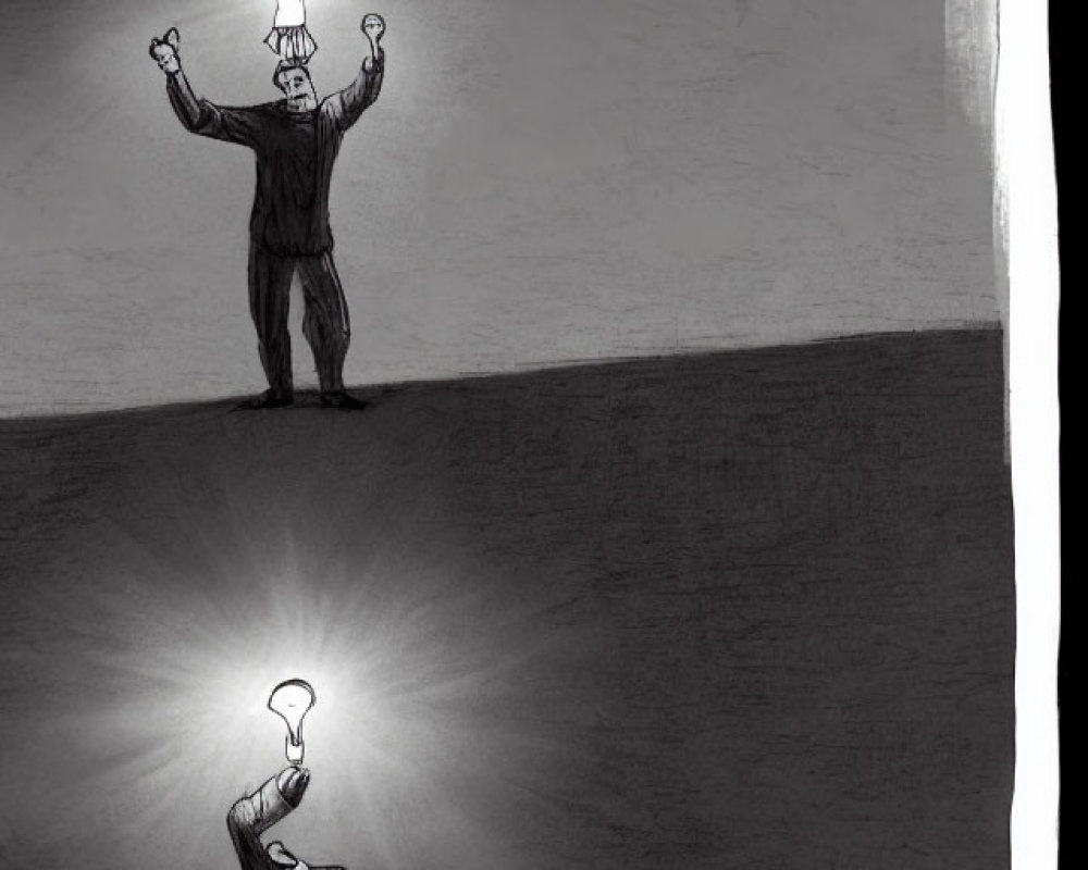 Metaphorical illustration of two individuals with light bulbs above their heads