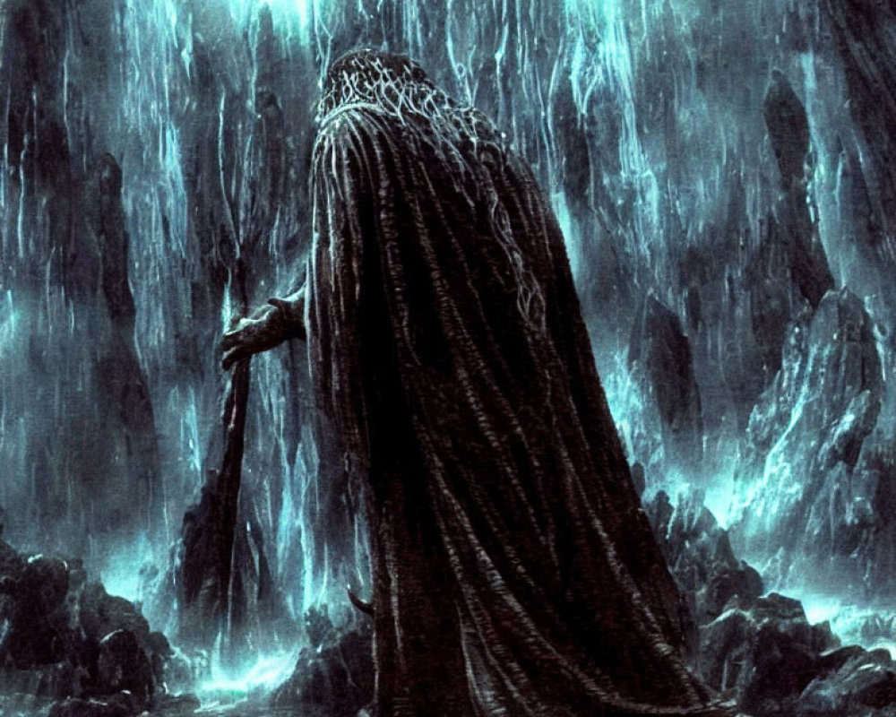 Mysterious robed figure with crown in dark cave with cascading water