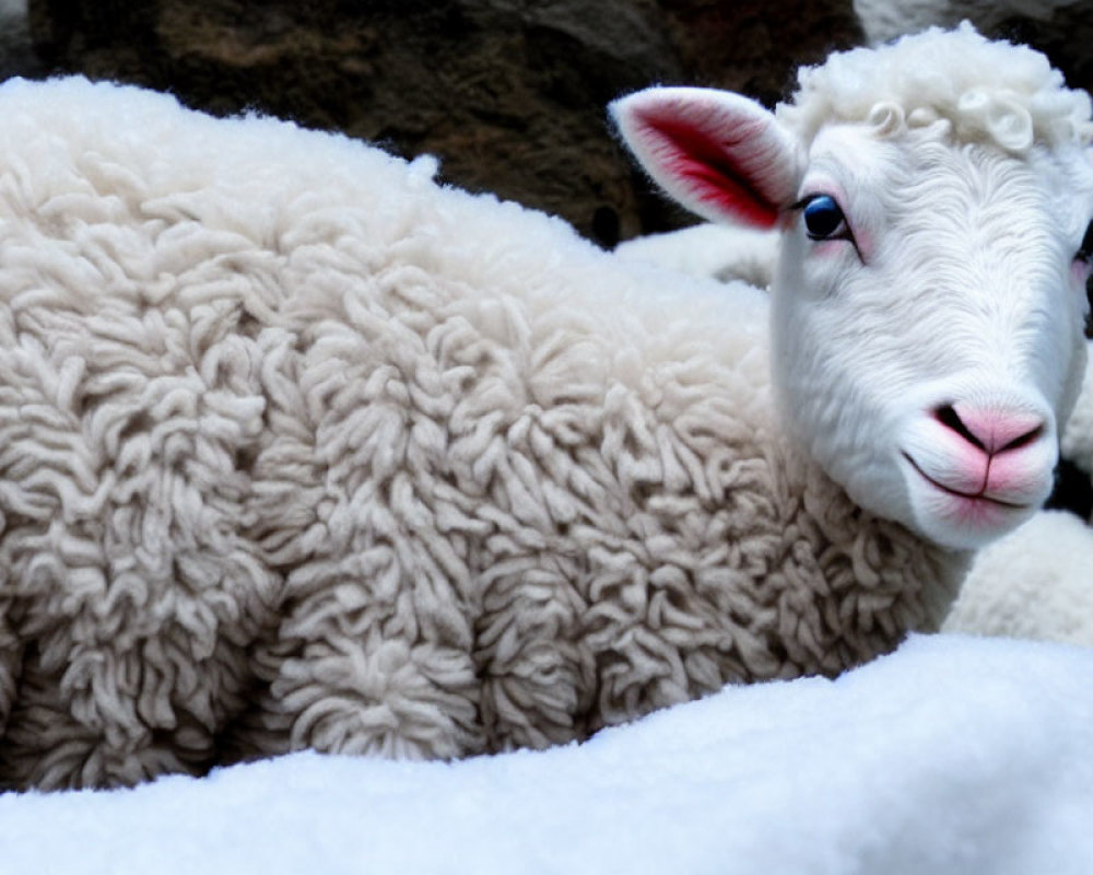White sheep with thick woolly coat in snow, gentle expression captured.