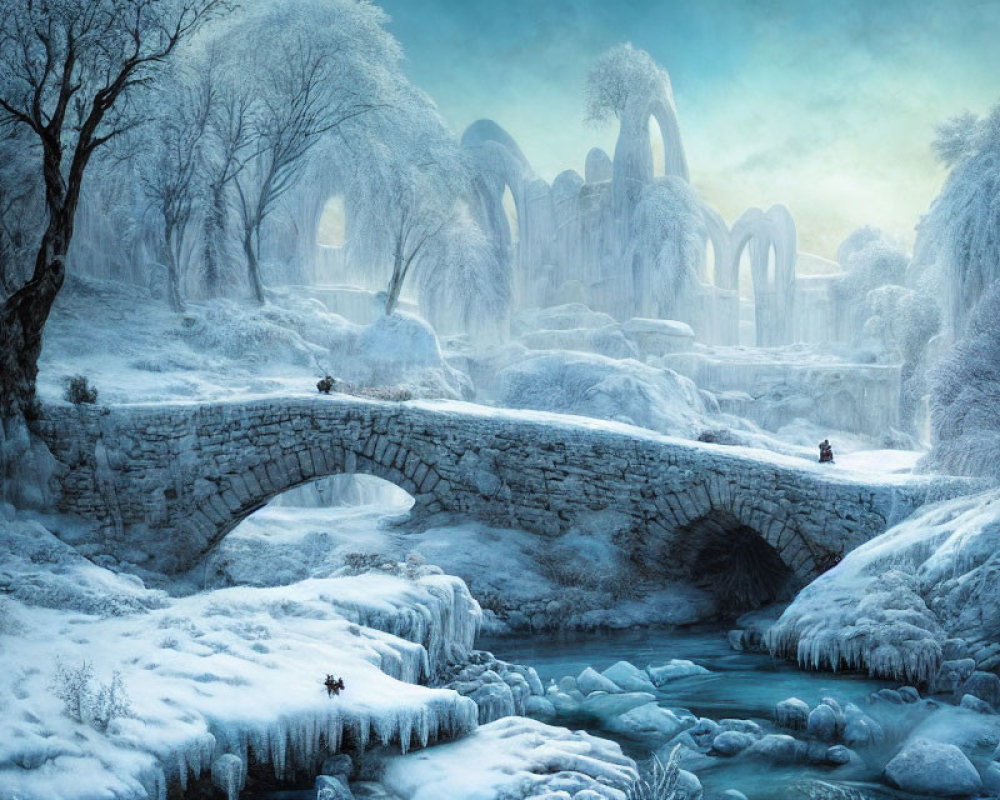 Snowy Landscape with Frost-Covered Trees, Stone Bridge, and Ruins in Blue-Tint