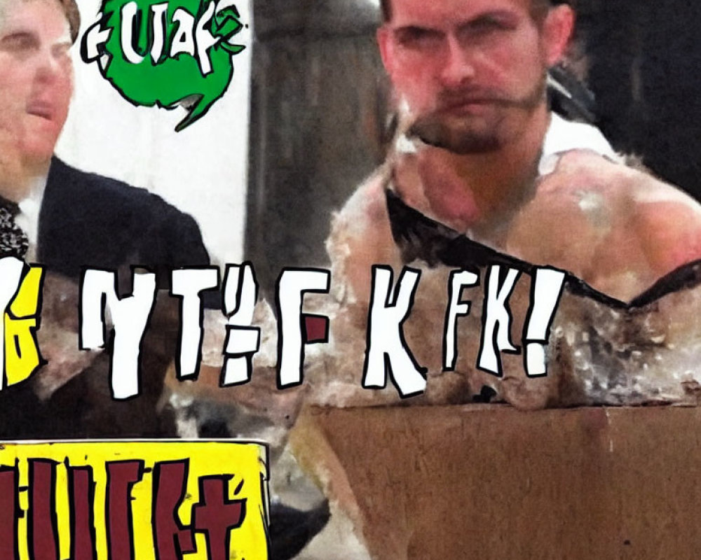 Pixelated image of stern shirtless man with muddy look, accompanied by comic-style text.