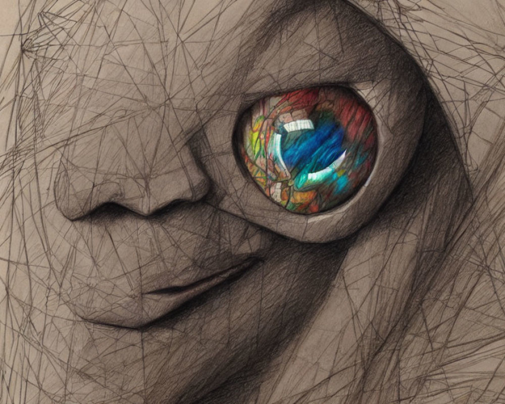 Detailed sketch of a vibrant eye with intricate line work