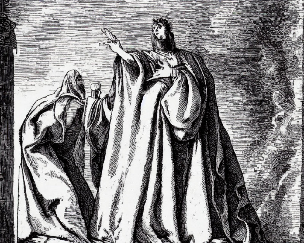 Monochrome illustration of two robed figures in ancient setting