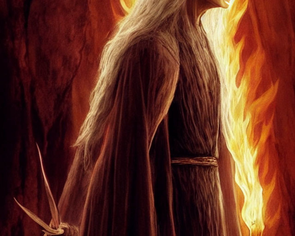 White-haired blindfolded figure with staff and flame, in brown cloak against fiery background
