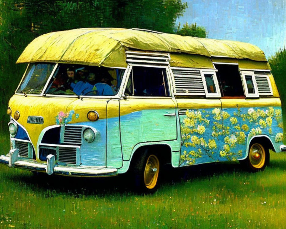 Colorful vintage van with floral design parked in lush field, people inside.