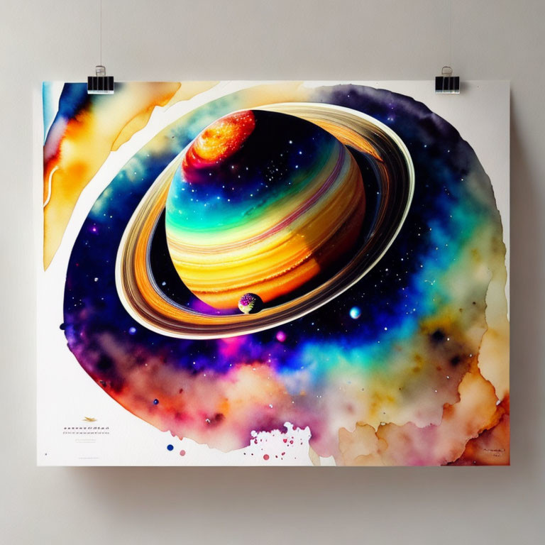 Colorful Saturn Poster with Watercolor Texture on White Wall