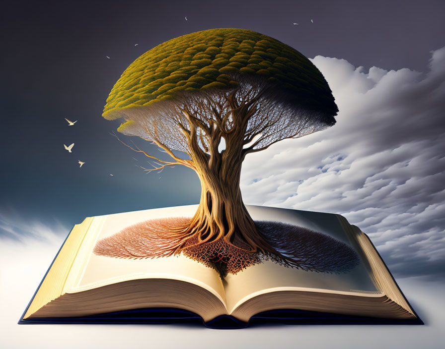 Illustrated tree roots on open book with twilight sky and birds