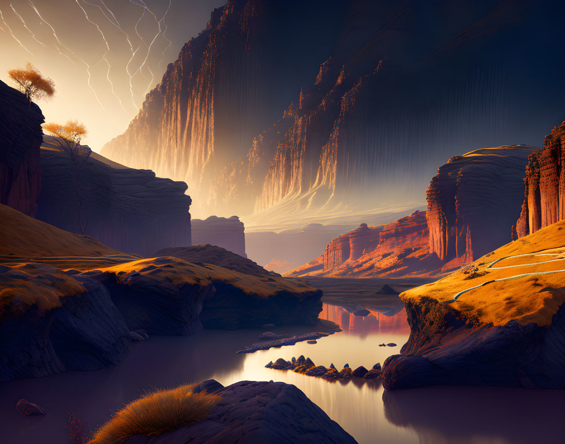 Majestic landscape: towering cliffs, serene river, distant thunderstorms, and ethereal glow